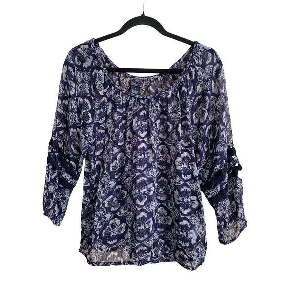 Lucky Brand Women's Size Small Estelle Printed Top Boho Sheer Trim Mid Sleeve - Picture 3 of 11